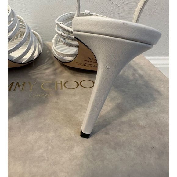 Jimmy Choo Thu 85 White Nappa Leather Sling Back Heels with Horizontal Straps - Picture 5 of 16
